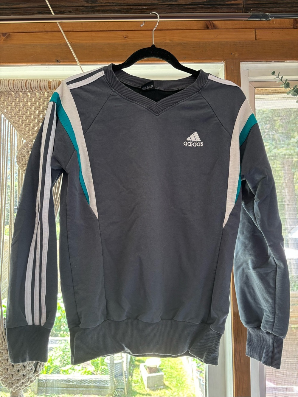 Vintage Adidas Men's Black V-Neck Sweatshirt with Teal & White Panels